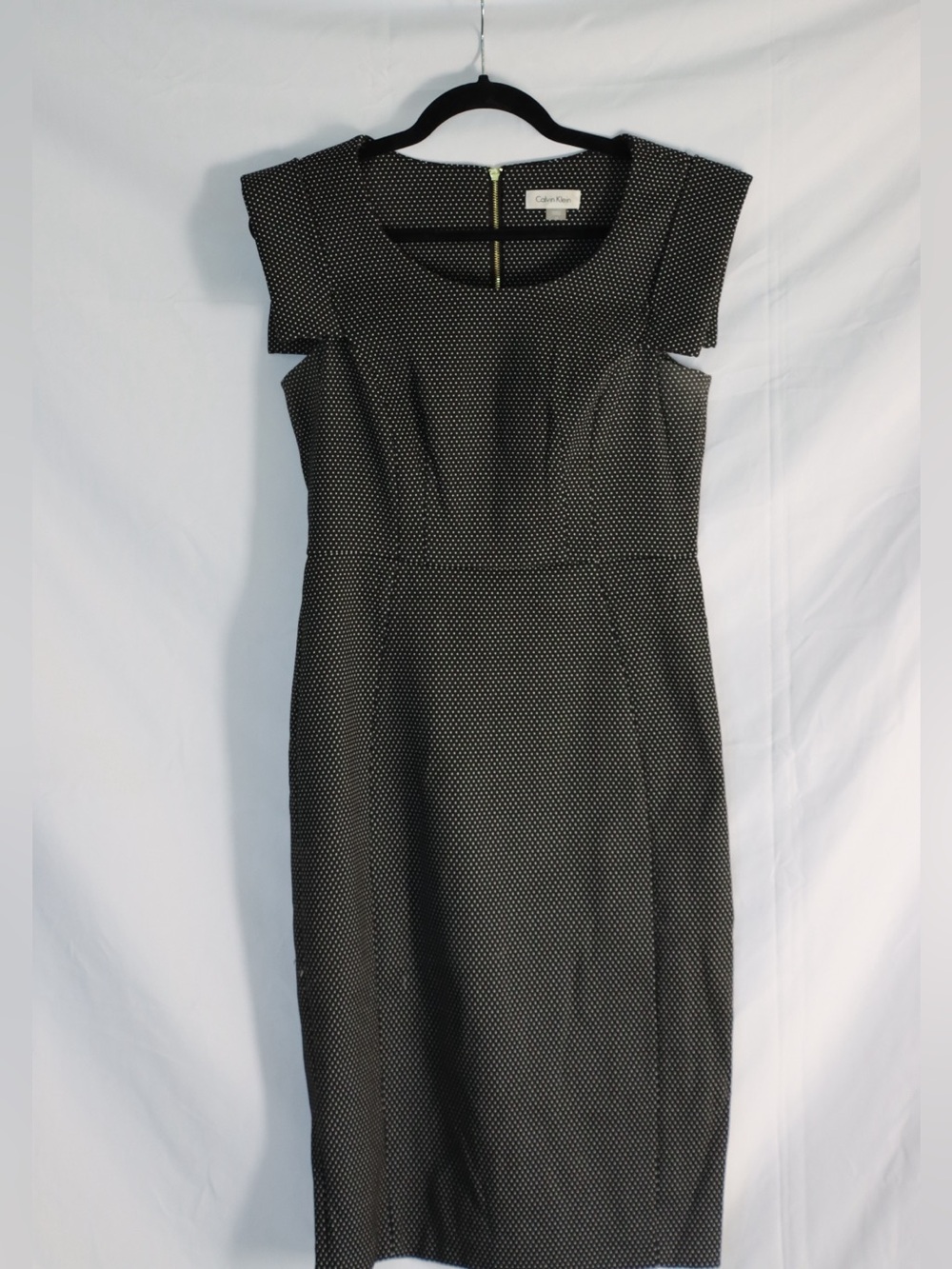 Calvin Klein Black and White Polka Dot Midi Sheath Dress